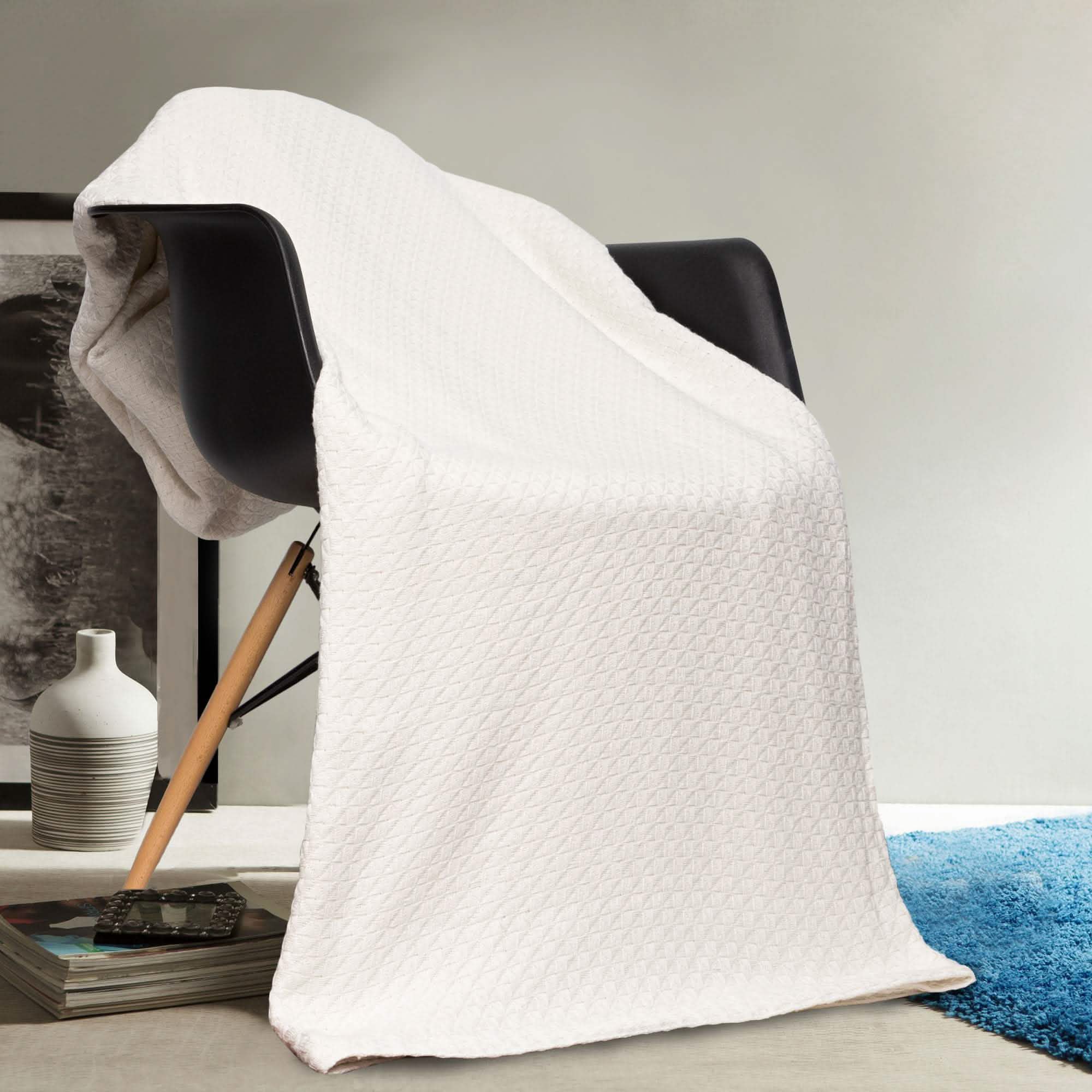 100% Cotton Heavyweight Square Knit Throw Blanket Bedding Ivory Queen - DailySale