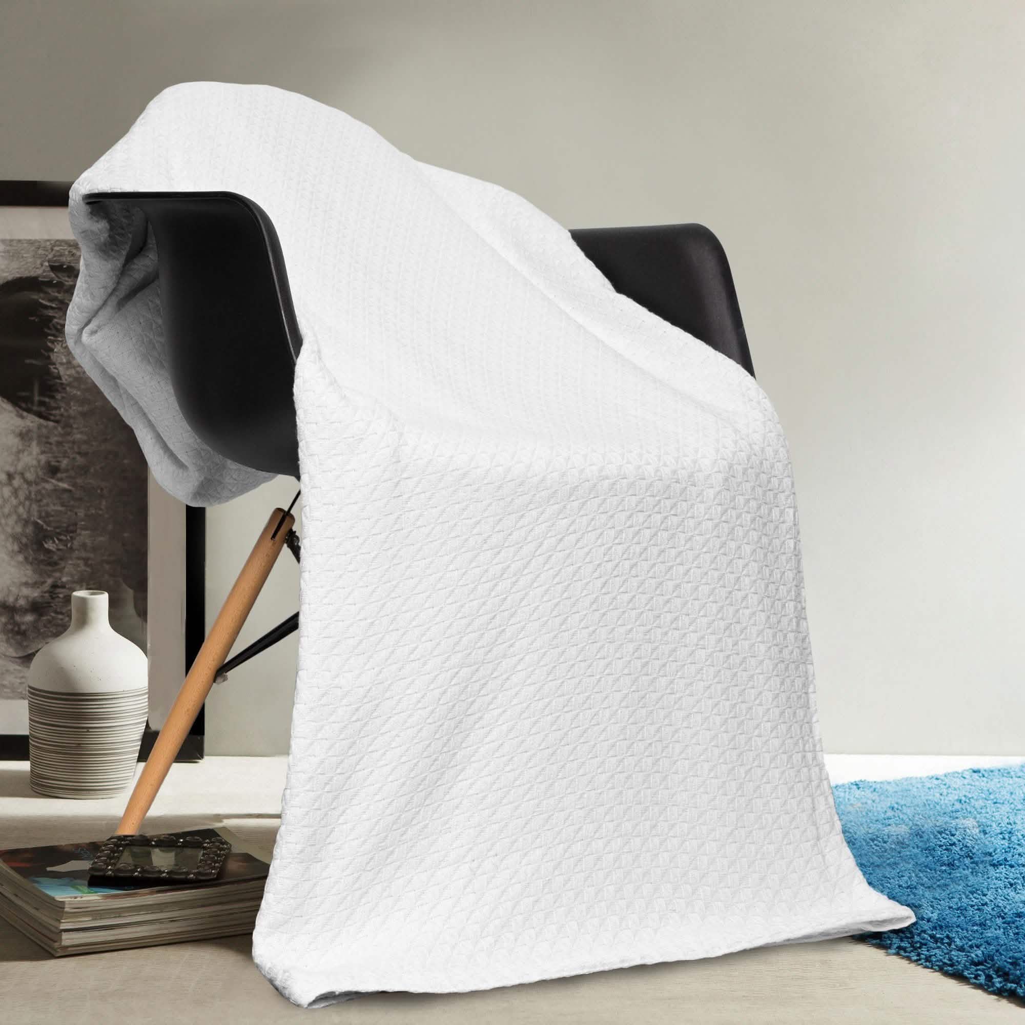 100% Cotton Heavyweight Square Knit Throw Blanket Bedding White Queen - DailySale