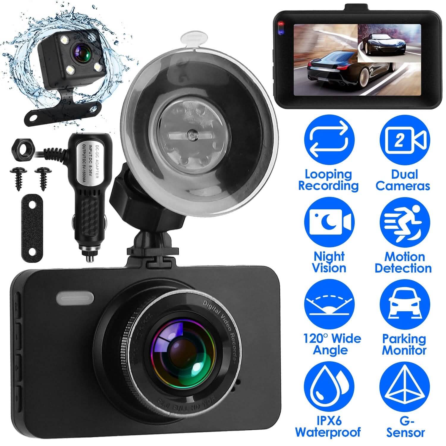 1080P Dual Dash Cam 3" Screen with Front and Rear Camera G-Sensor Motion Night Vision Loop Recording Automotive - DailySale