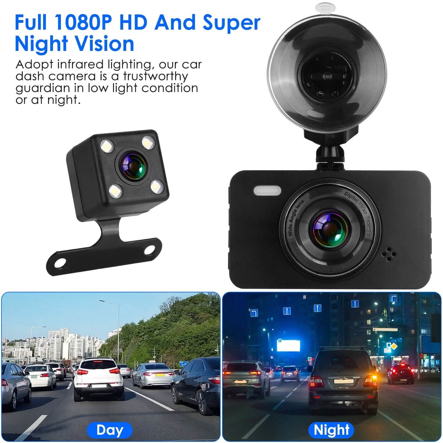 1080P Dual Dash Cam 3" Screen with Front and Rear Camera G-Sensor Motion Night Vision Loop Recording Automotive - DailySale