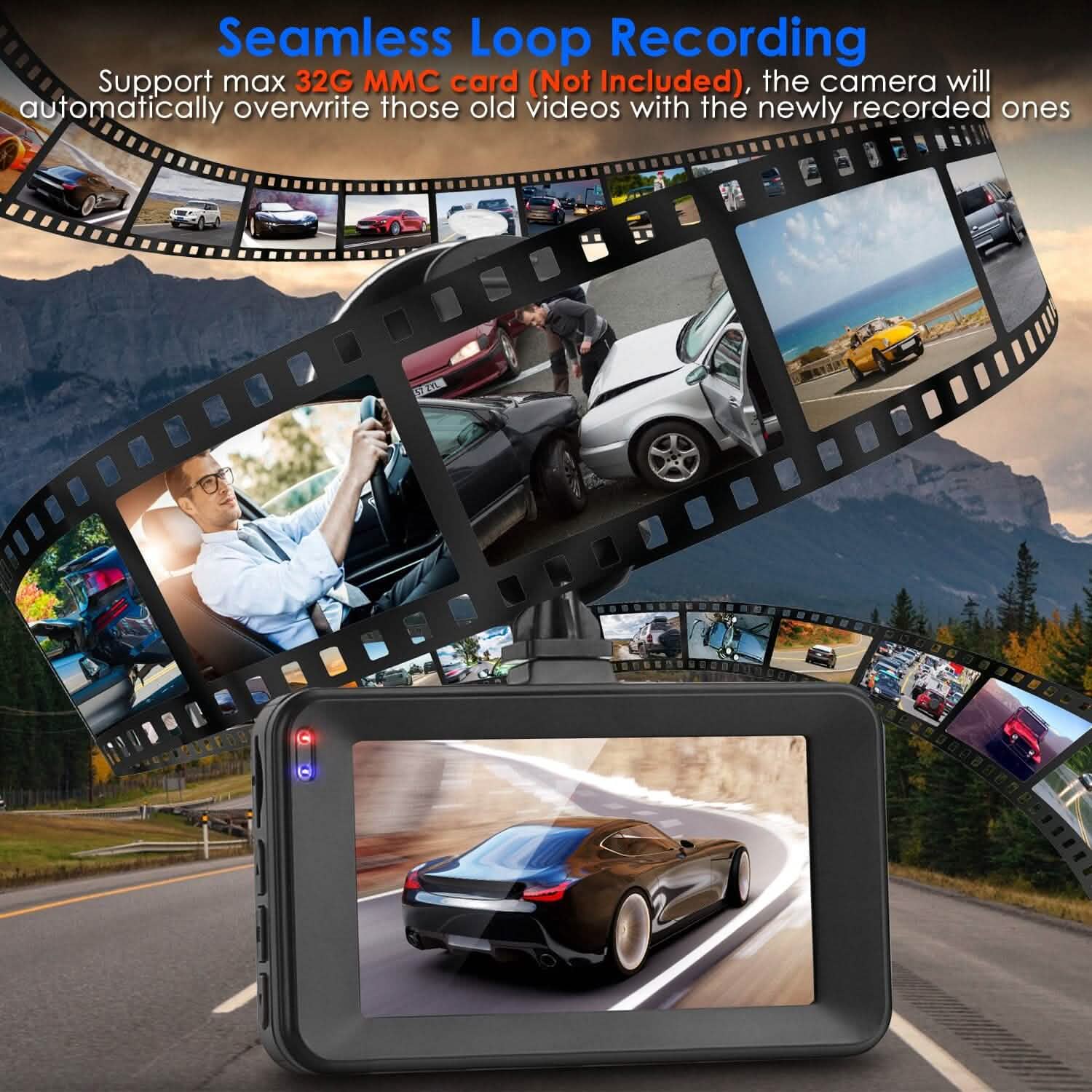 1080P Dual Dash Cam 3" Screen with Front and Rear Camera G-Sensor Motion Night Vision Loop Recording Automotive - DailySale