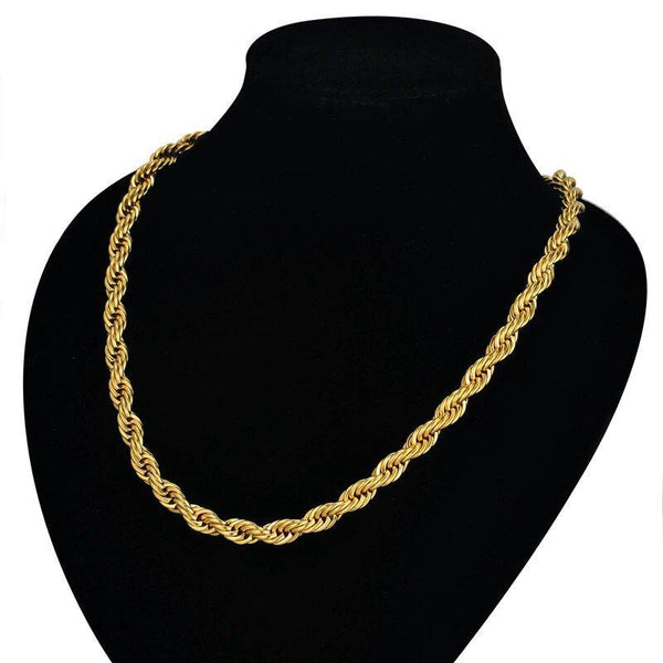 10K Solid Gold Rope Chain displayed on a black mannequin bust with a white background