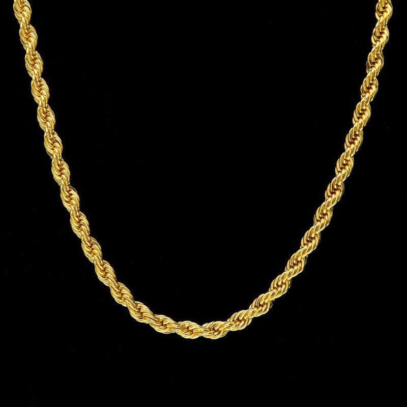 Close-up of a 10K Solid Gold Rope Chain necklace set against a black background