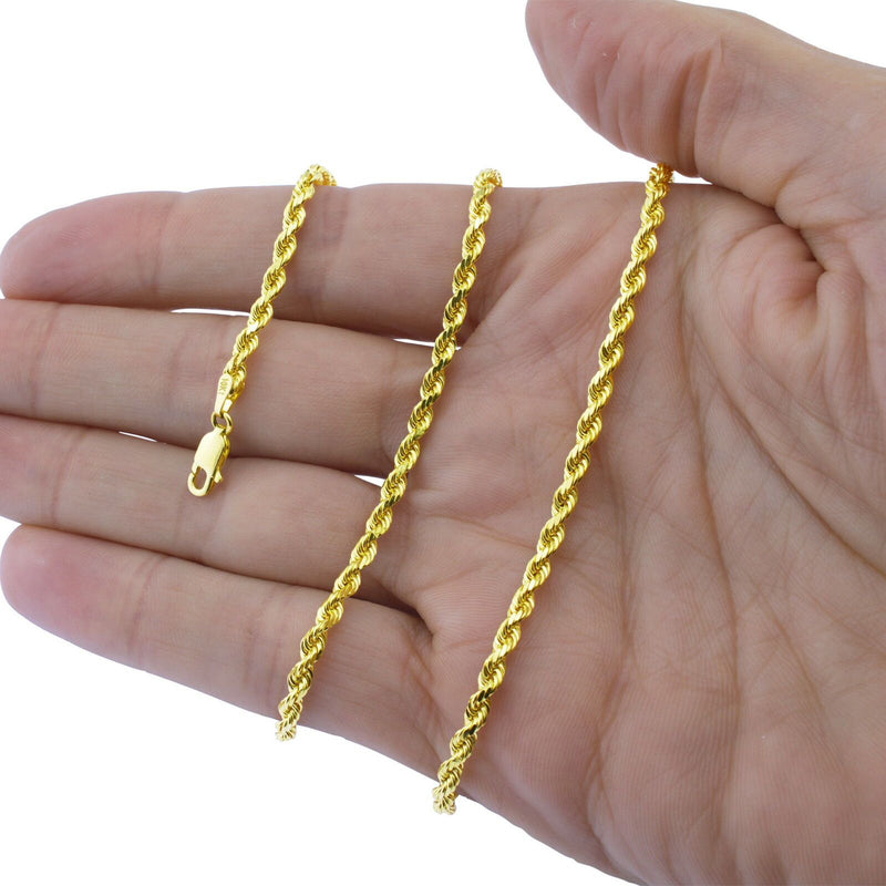 Closeup of hand holding a 10K Solid Yellow Gold 3mm Rope Necklace Chain wrapped around it
