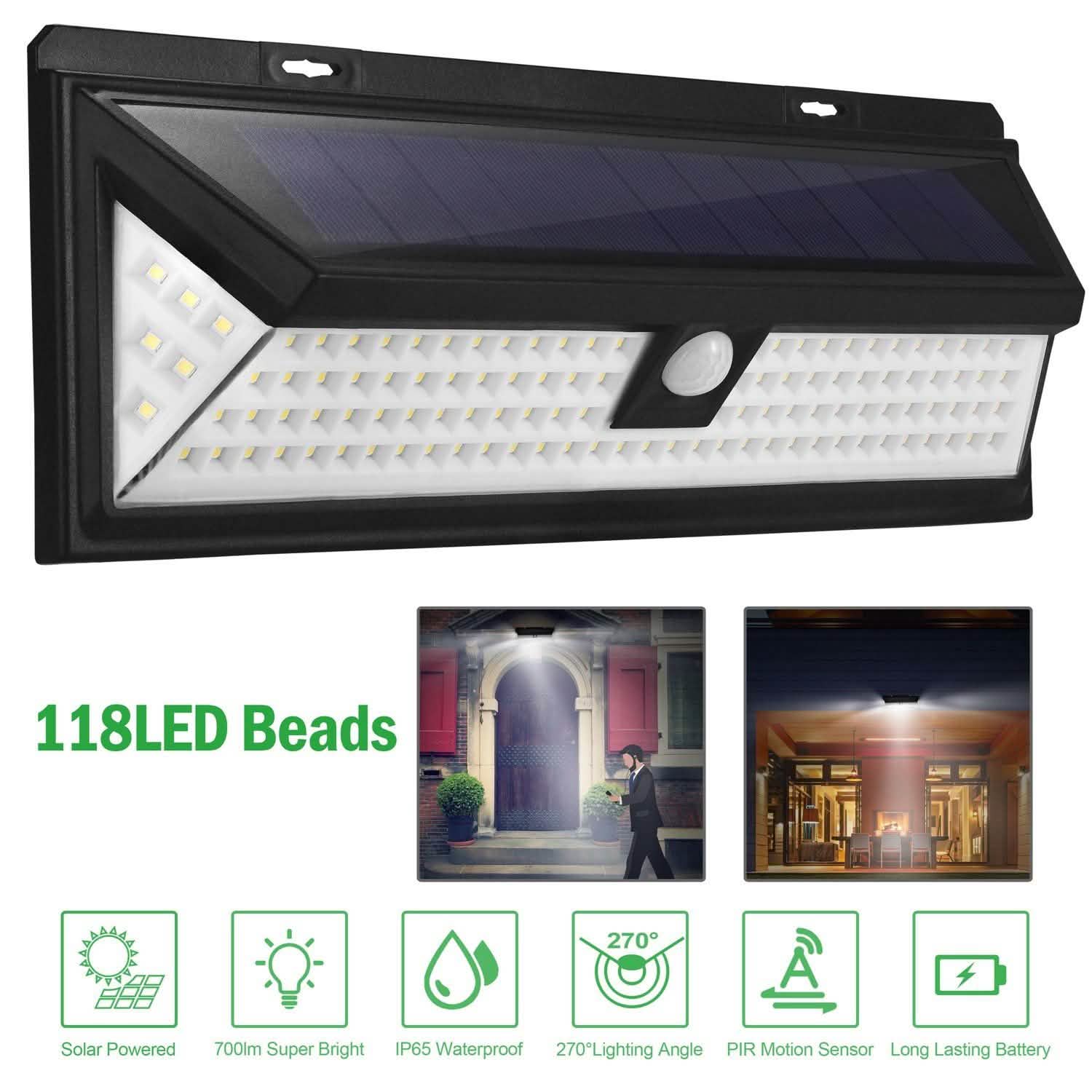 118 LEDs Solar Wall Light Outdoor Motion Sensor Lamp Outdoor Lighting - DailySale