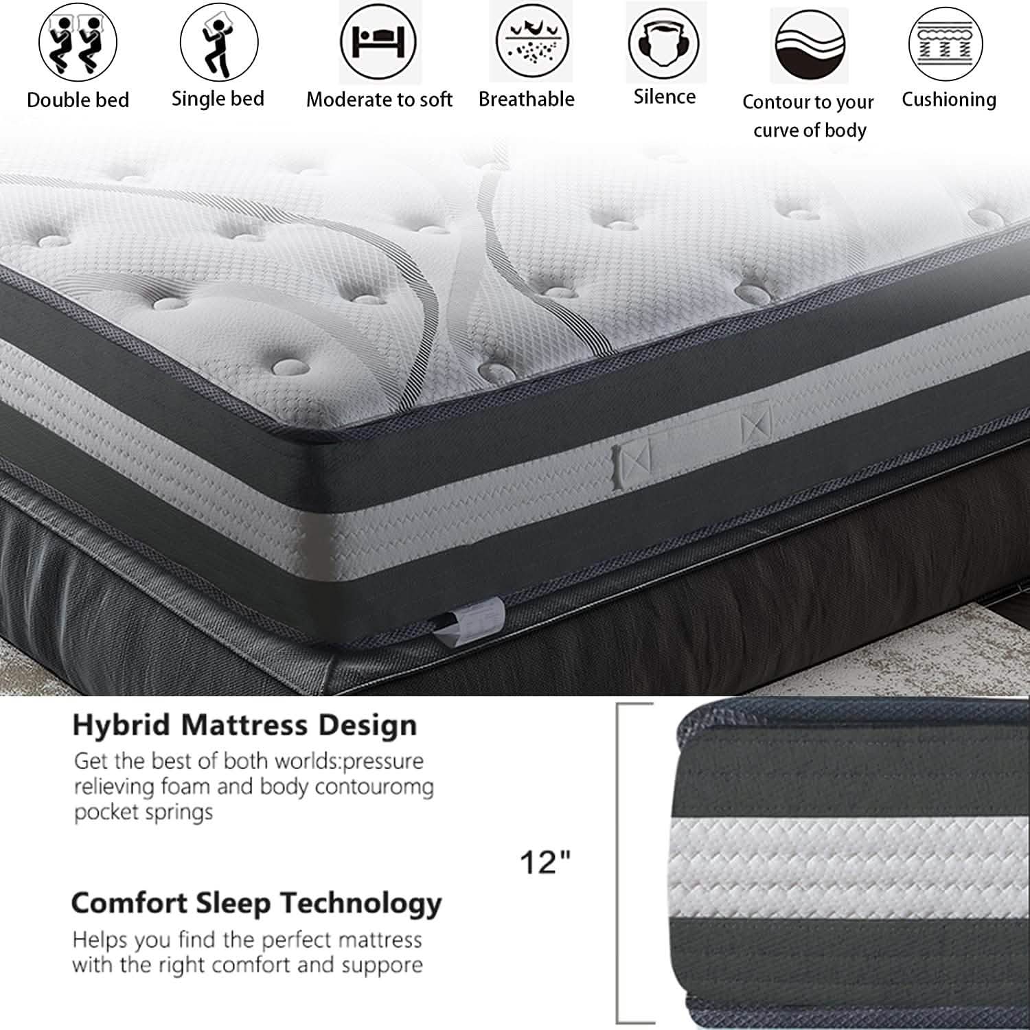 12" Hybrid Pocket Spring Mattress Bedding - DailySale