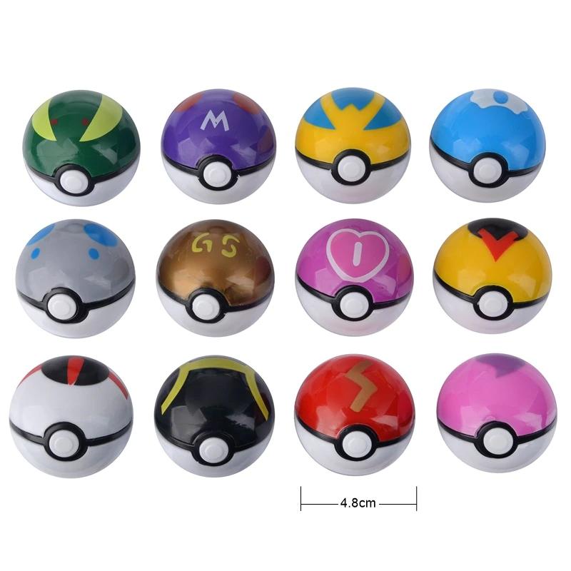 12 different coloured Poke Balls lined up in 3 rows of 4 on a white background, measurement on 1 Poke Ball saying 4.8cm