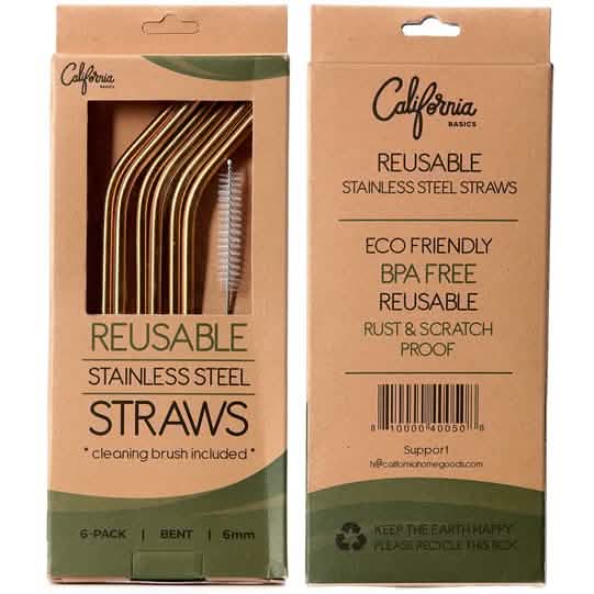 12-Pack: Reusable Stainless Steel Straw in Gold With Cleaning Brush Kitchen & Dining - DailySale