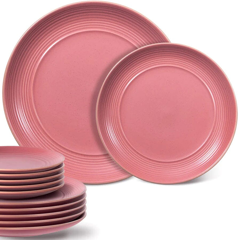 12-Piece: HITECLIFE Microwave and Dishwasher Safe Dinner Plates Set Wine & Dining Pink - DailySale