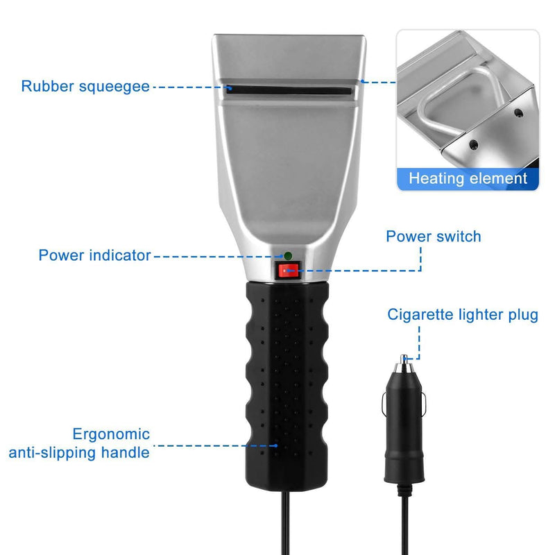Back view of the 12V Car Electric Heated Ice Snow Scraper and cigarrette lighter connector showing a list of features