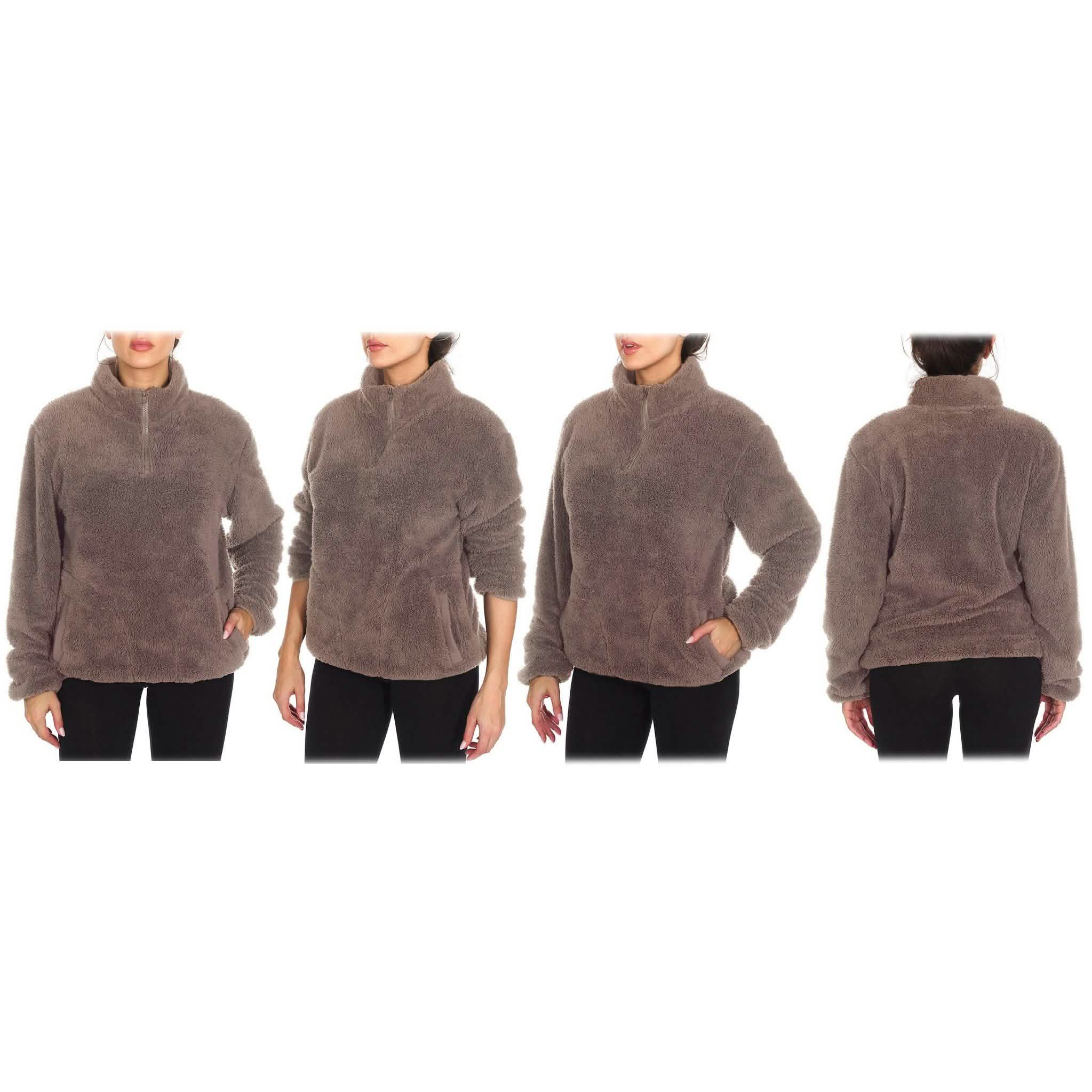 1/4 Zip Collared Sherpa In and Out Lined Pull Over with 2 Pockets Women's Clothing Gray S - DailySale