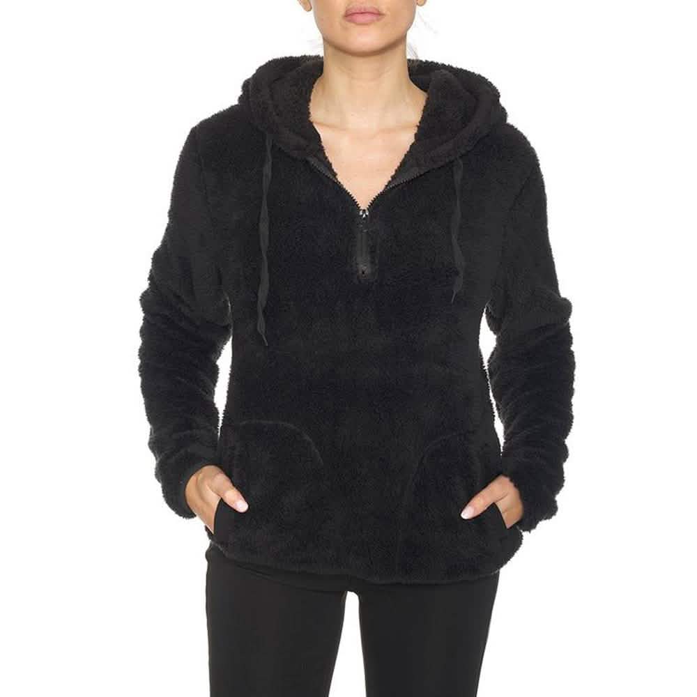 1/4 Zip Hooded Sherpa In and Out Lined Pull Over with 2 Pockets Women's Clothing Black S - DailySale