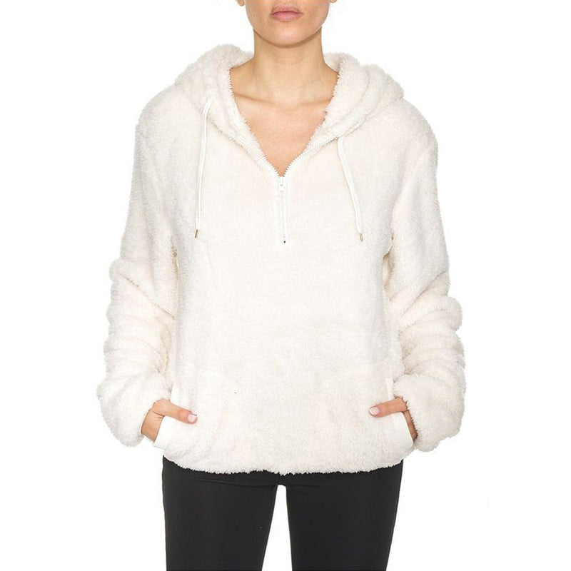 1/4 Zip Hooded Sherpa In and Out Lined Pull Over with 2 Pockets Women's Clothing White S - DailySale