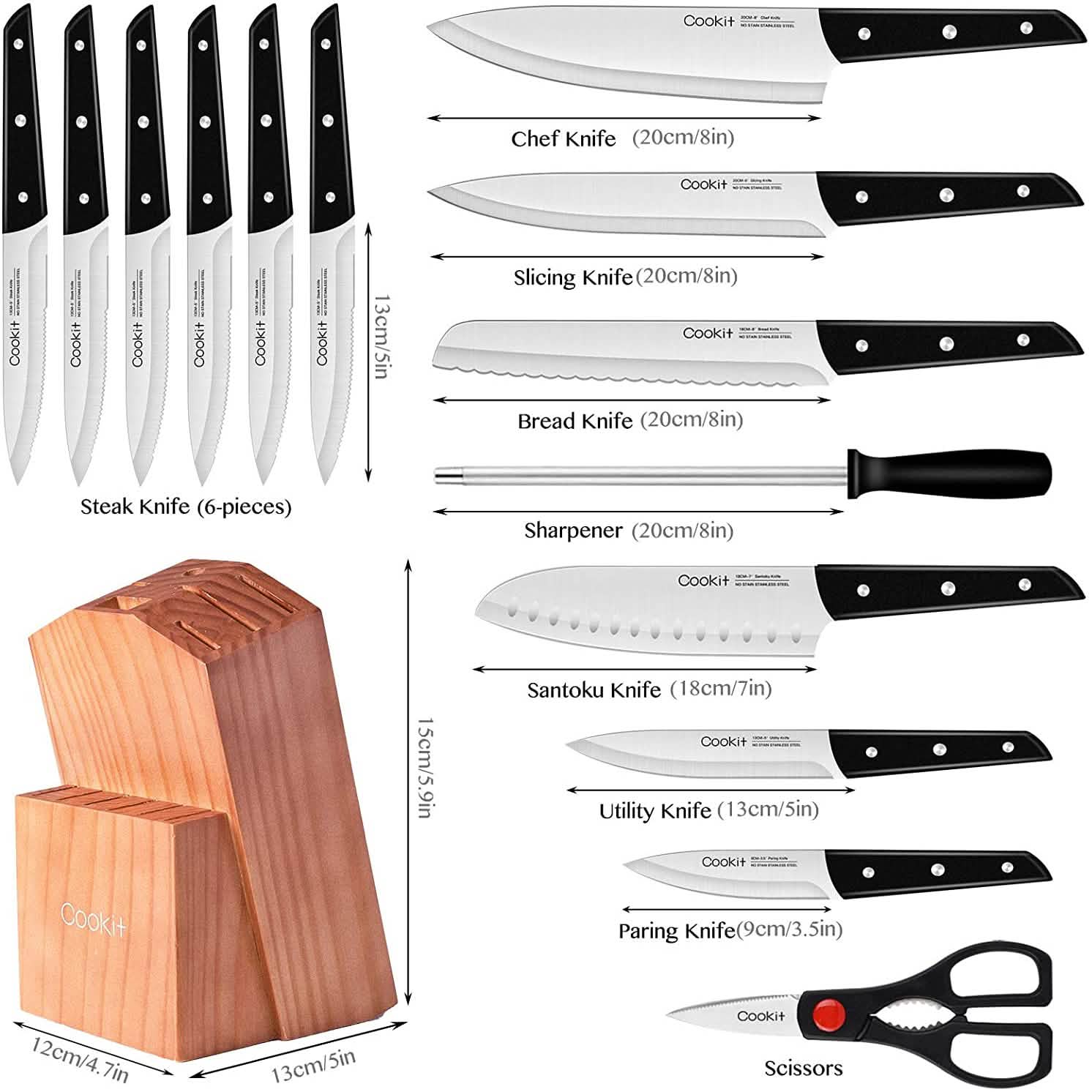 15-Pieces Set: Cookit Germany Stainless Steel Knife Block Set and Serrated Steak Knives Kitchen Tools & Gadgets - DailySale