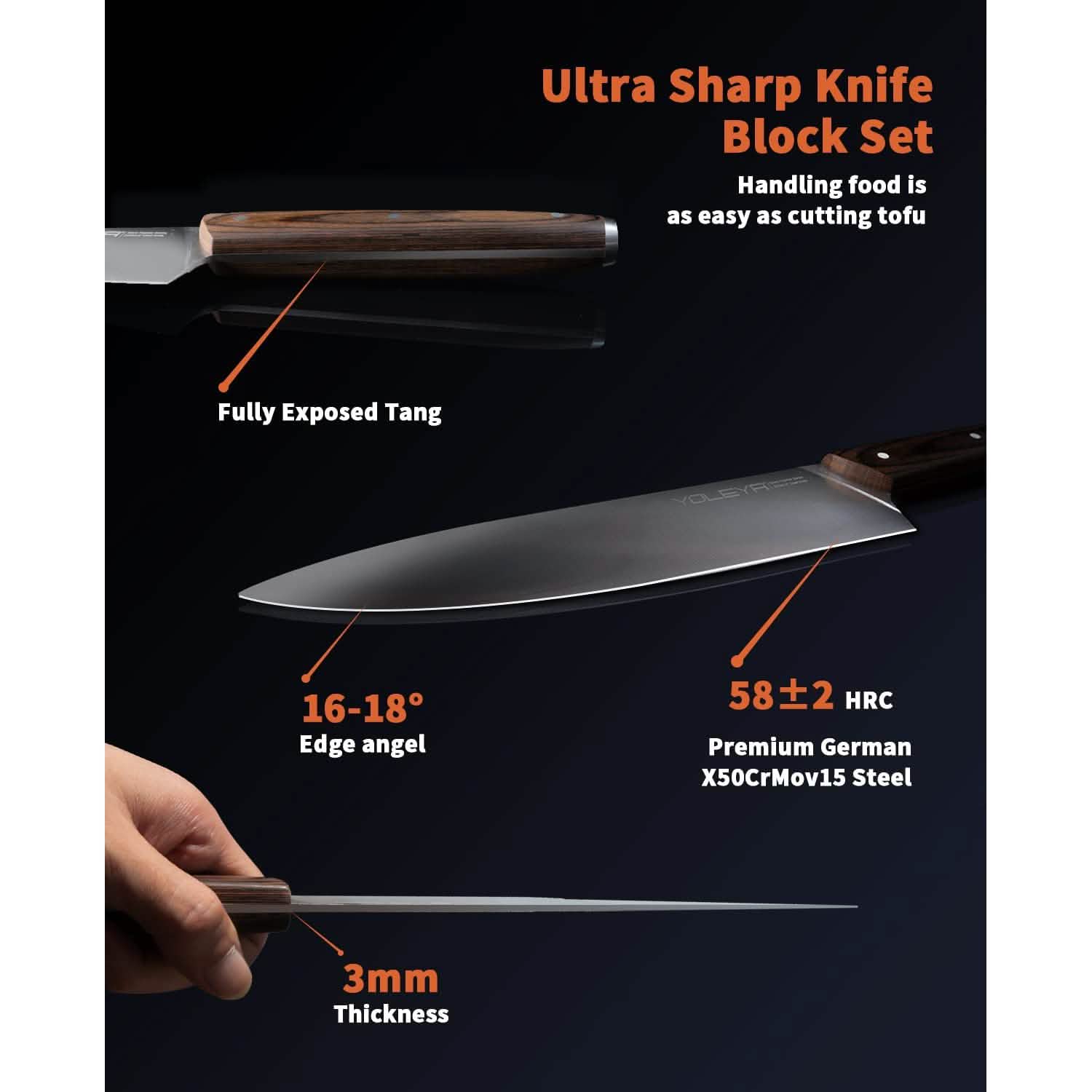 15-Pieces Set : YOLEYA Kitchen Knife Set with Block Wooden Triple Rivets Kitchen Tools & Gadgets - DailySale