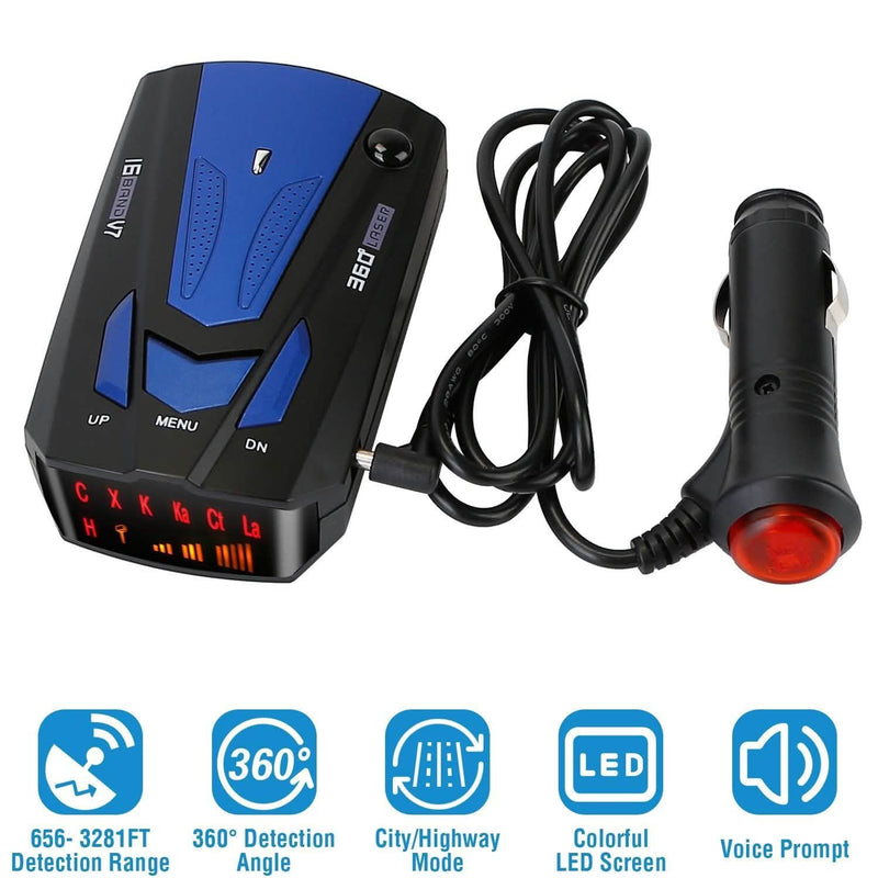 Angle view of 16 Band V7 Speed Safety Voice Alert Car Radar Detector next to cigarrette lighter connector