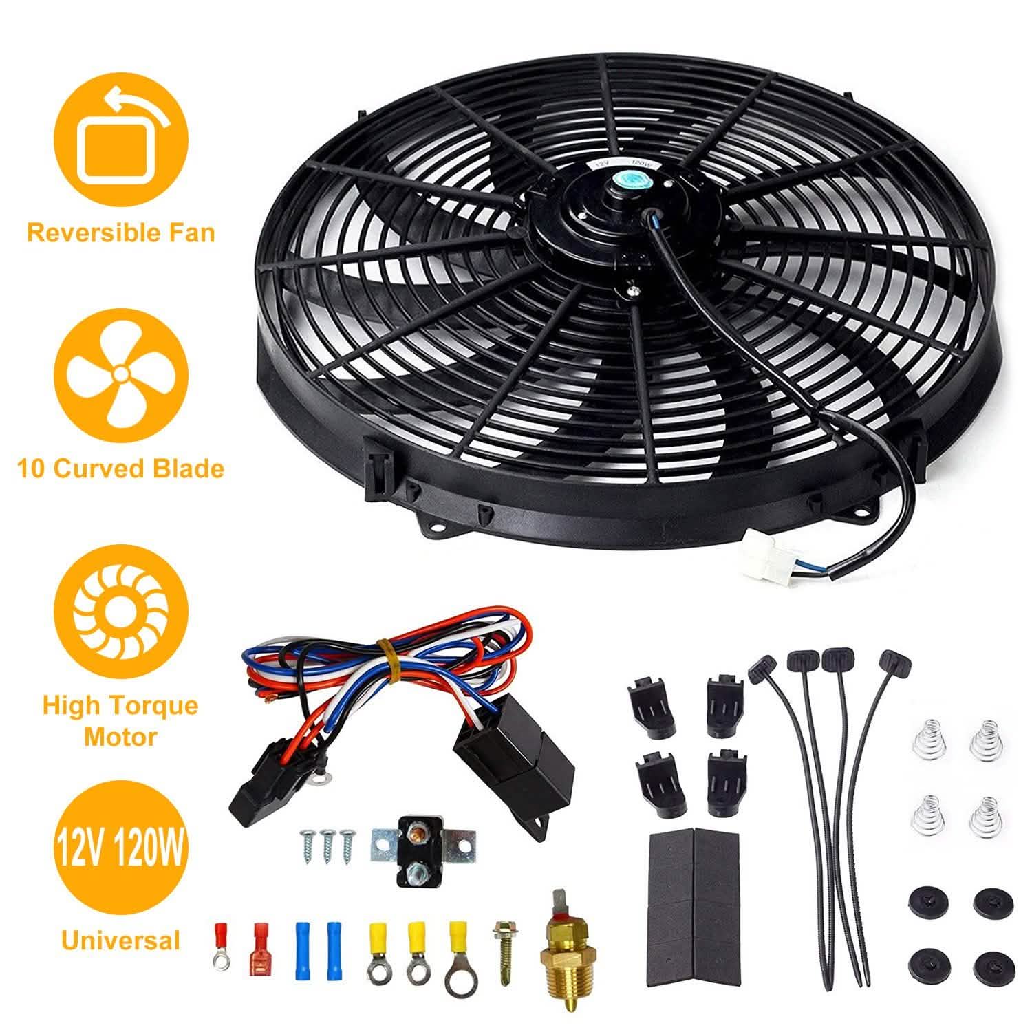 16" Electric Radiator Cooling Fan 12V 120W 10 Blades Car Thermostat Kit accessories and features