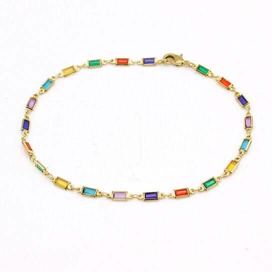18k Gold Filled High Polish Finish Gold And Multi Color Dark Crystal Baguette Anklet Bracelets - DailySale