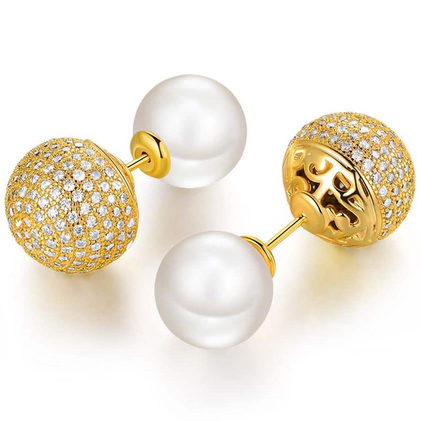 18K Gold Plated Pearl and Swarovski Crystal Ball Front-Back Earrings Jewelry - DailySale