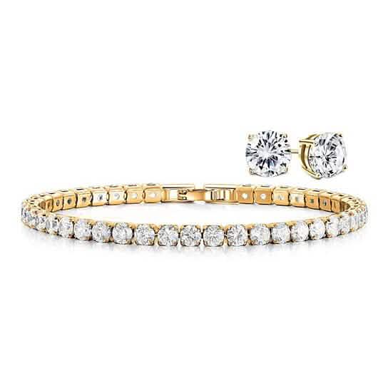 18K Gold Round Cut Tennis Bracelet and Studs Set Bracelets Gold - DailySale