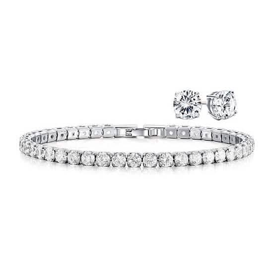 18K Gold Round Cut Tennis Bracelet and Studs Set Bracelets White Gold - DailySale