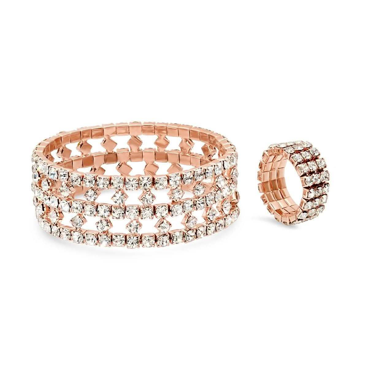 18k Rose Gold Plated Alloy Stretch Double Layered Bracelet and Ring Set Bracelets - DailySale