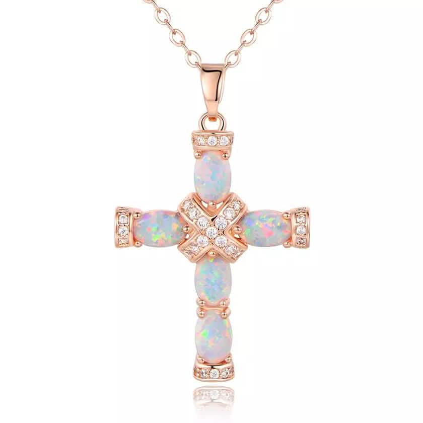 18K Rose Gold Plating & Fire Cross Pendant Religious Jewelry