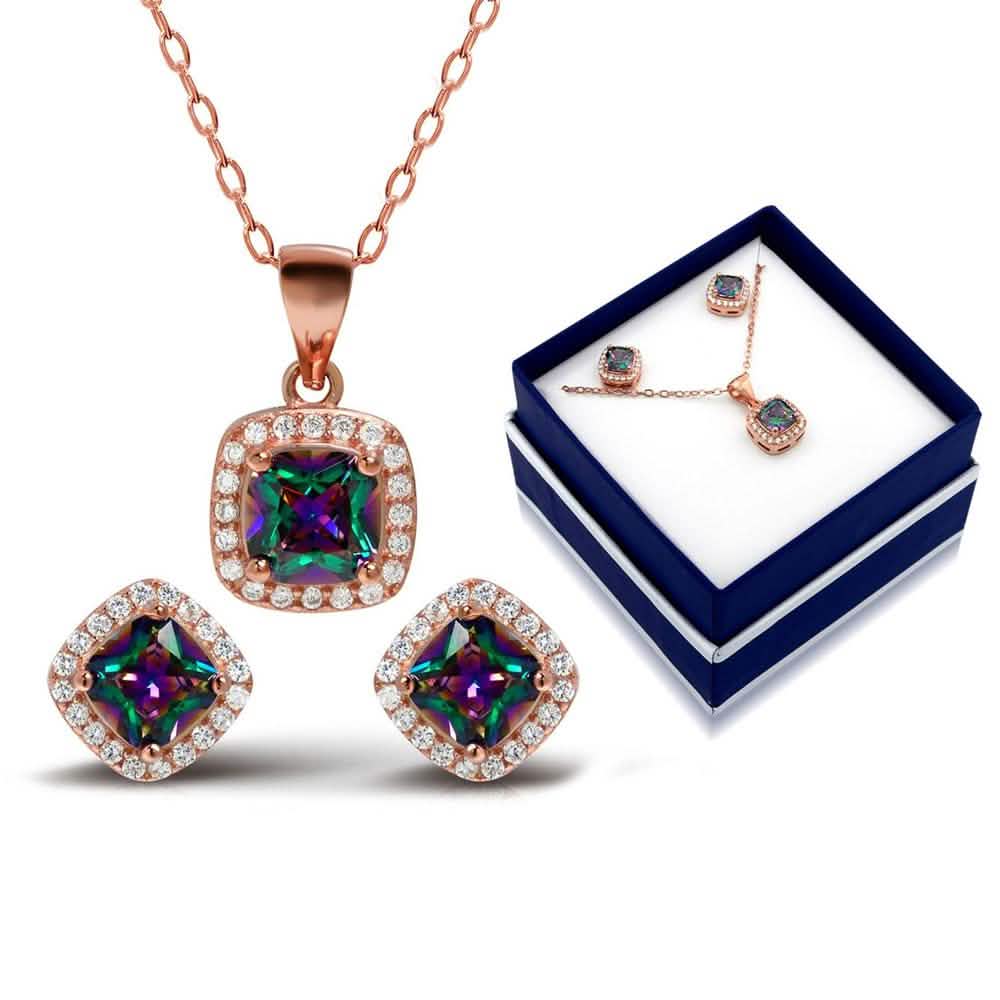 18K Rose Gold Sterling Silver Rainbow Necklace and Earrings Jewelry - DailySale