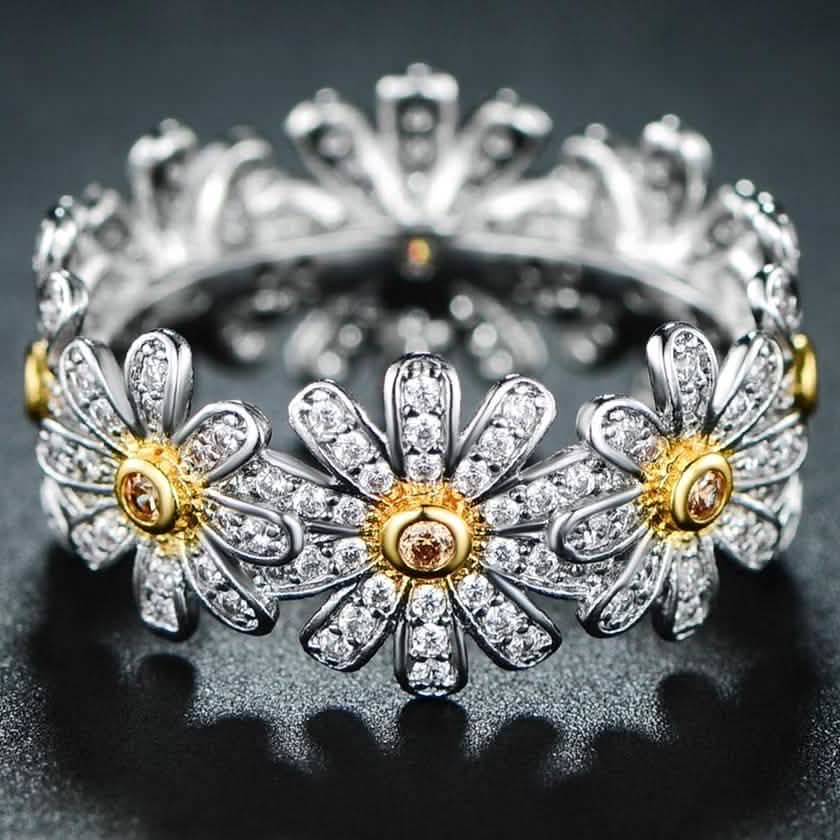 18K White Gold Plated Floral Sunflower Ring Made with Swarovski Crystals Jewelry - DailySale