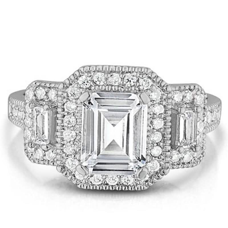 18k White Gold Tri Stone Emerald Cut Cubic Zirconia Ring Jewelry - DailySale