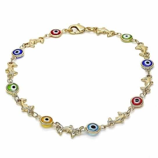 18k Women's Gold Filled High Polish Finish Dolphin Multi-color Evil Eye Lobster Clasp Ankle Bracelet 10'' Inch Bracelets - DailySale