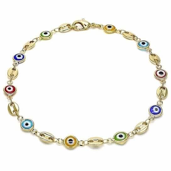 18k Women's Gold Filled High Polish Finish Mariner Marina- Multi-color Evil Eye Lobster Clasp Ankle Bracelet 10'' Inch Bracelets - DailySale