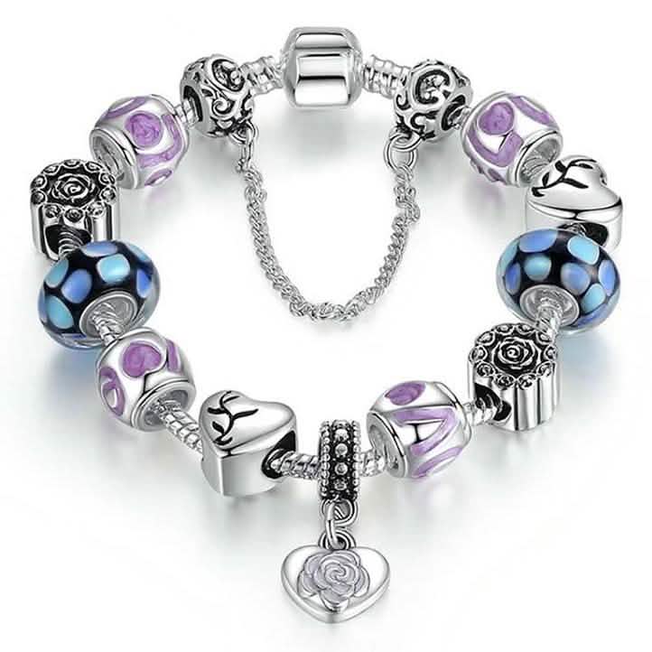 18kt White Gold Plated Murano Glass And Heart Charm Bracelet Jewelry - DailySale