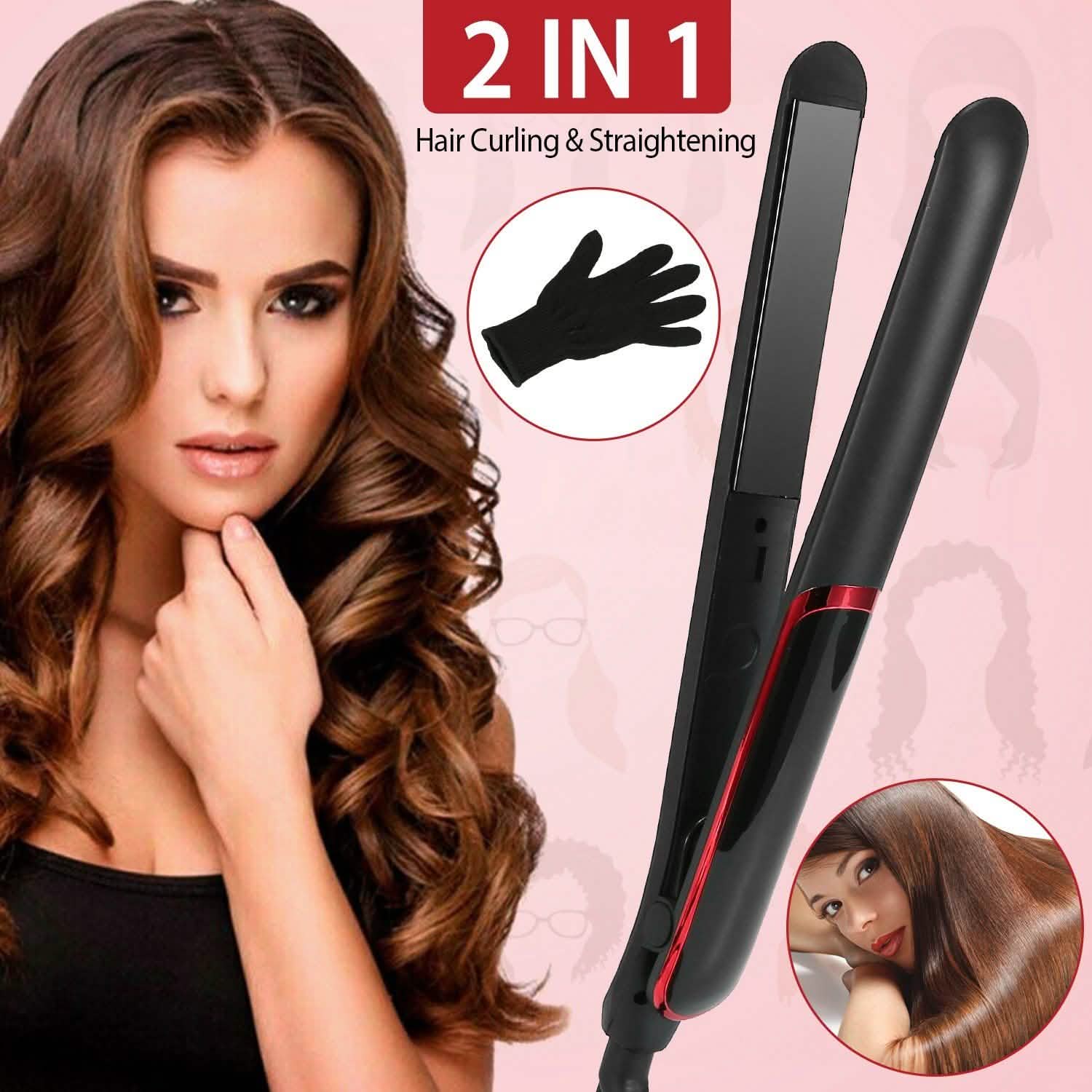 2-in-1 Twist Hair Straightener Ceramic Plate Hair Curler with Temperature Adjust LCD Display Beauty & Personal Care - DailySale