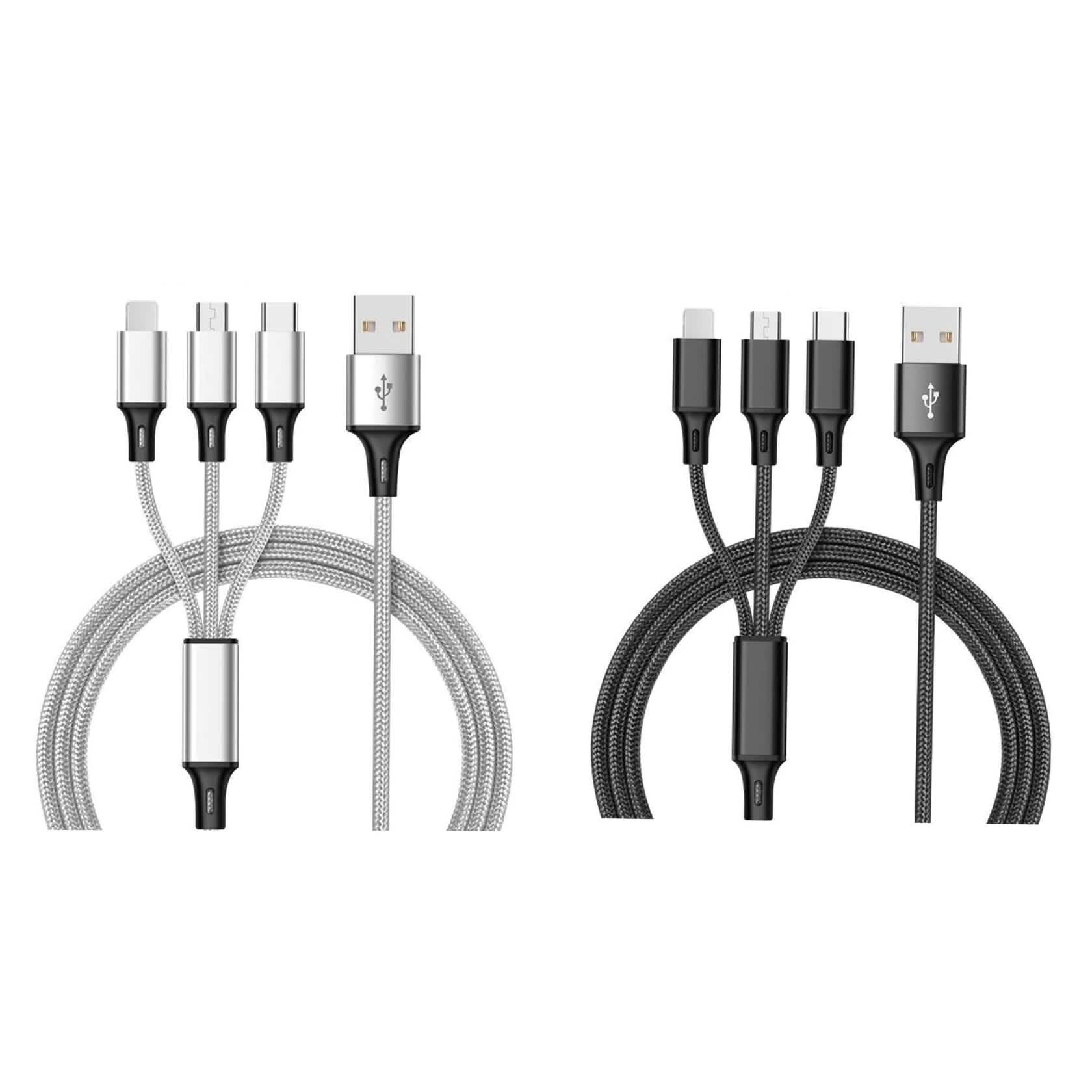 2-Pack: 3-in-1 Nylon Braided 4FT 3A Charging Cable Mobile Accessories Black/Silver - DailySale