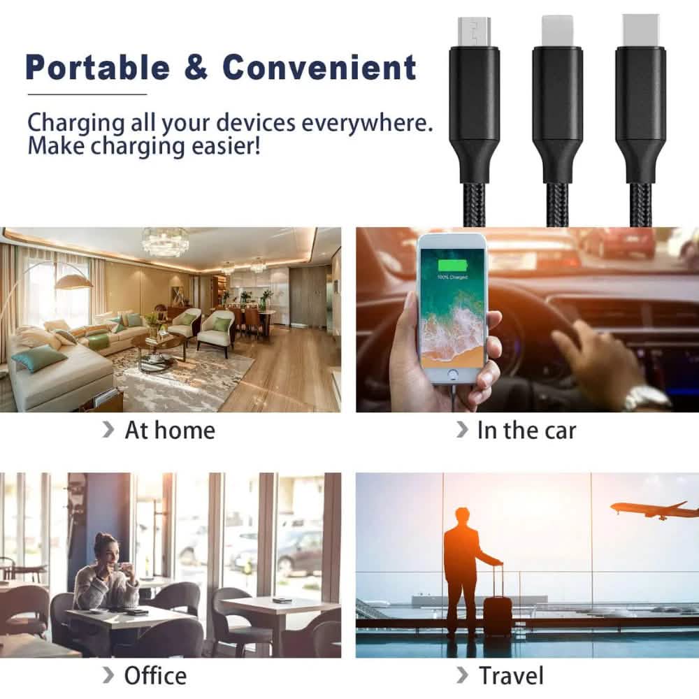 2-Pack: 3-in-1 Nylon Braided 4FT 3A Charging Cable Mobile Accessories - DailySale