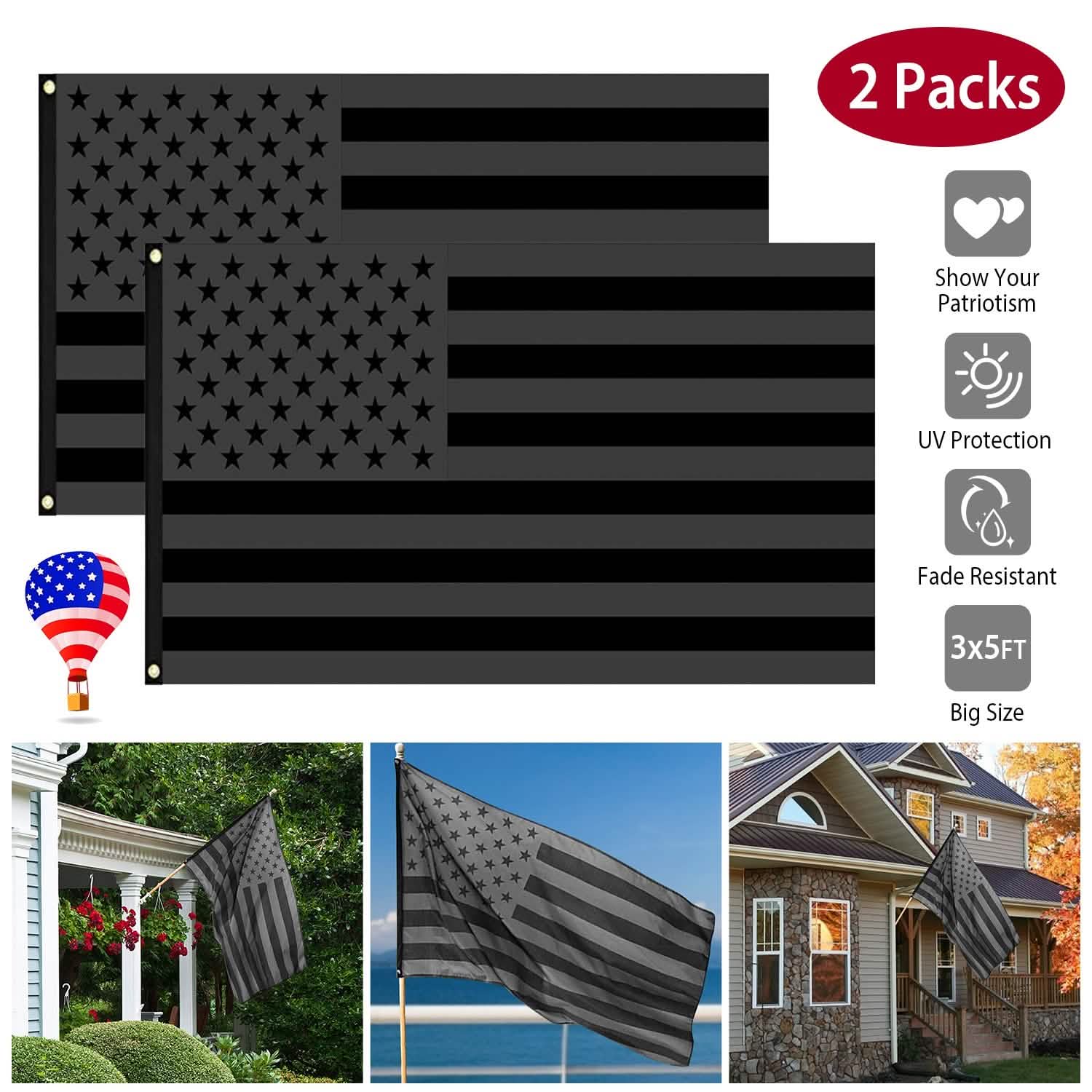 2-Pack: 3X5 Ft. All Black American Flag Everything Else - DailySale