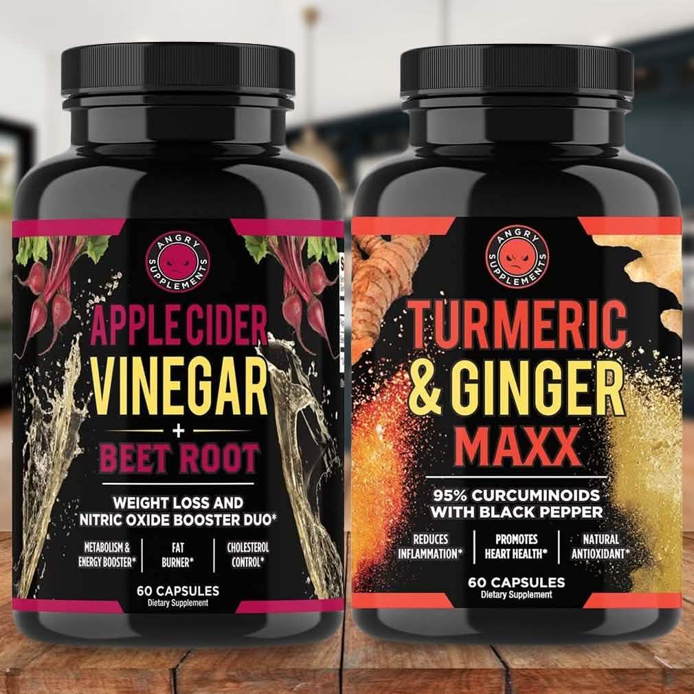 2-Pack: Angry Supplement Apple Cider Vinegar + Beetroot and Turmeric & Ginger Capsules Wellness & Fitness - DailySale
