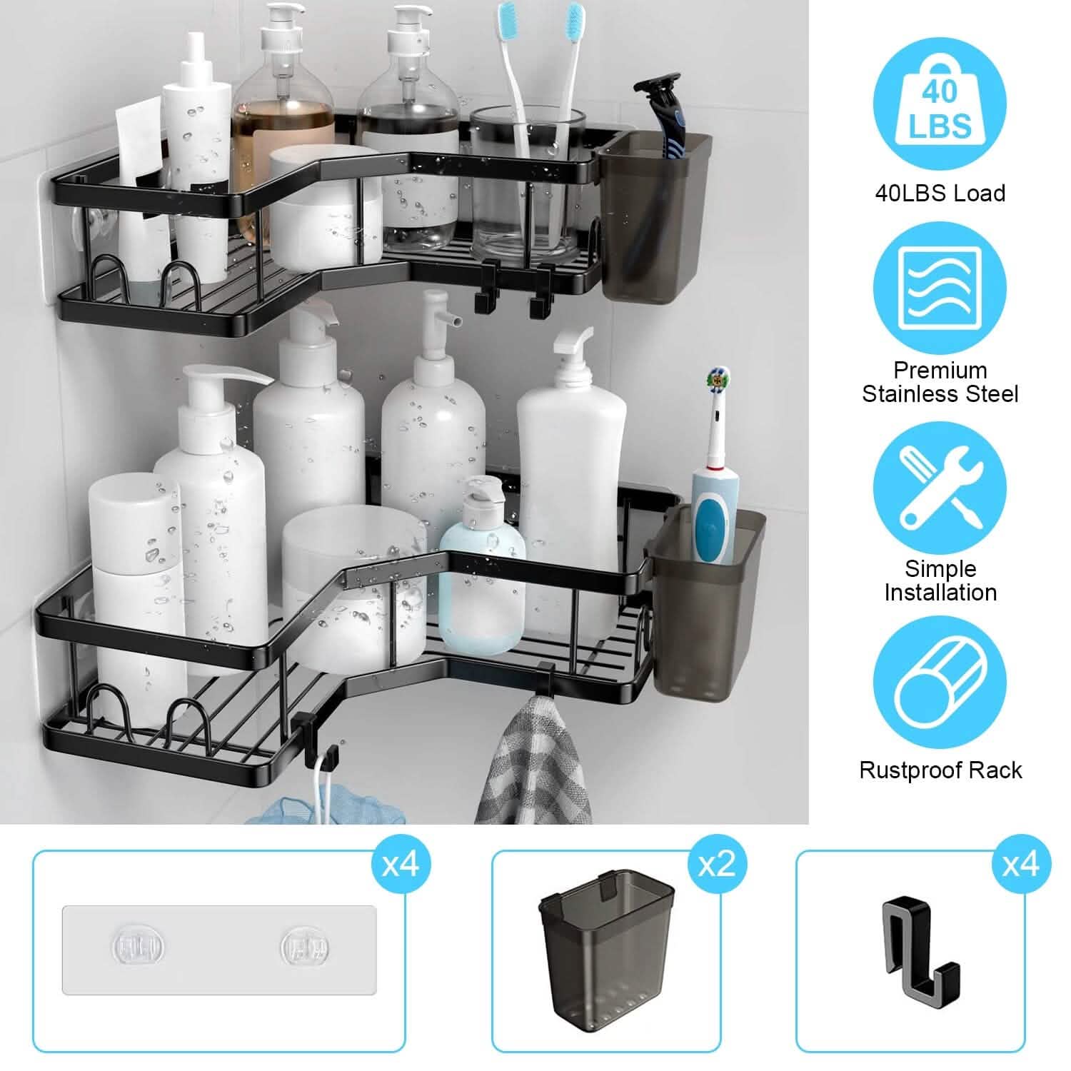 2-Pack: Corner Shower Caddy No Drilling Adhesive Shower Organizer Bath - DailySale