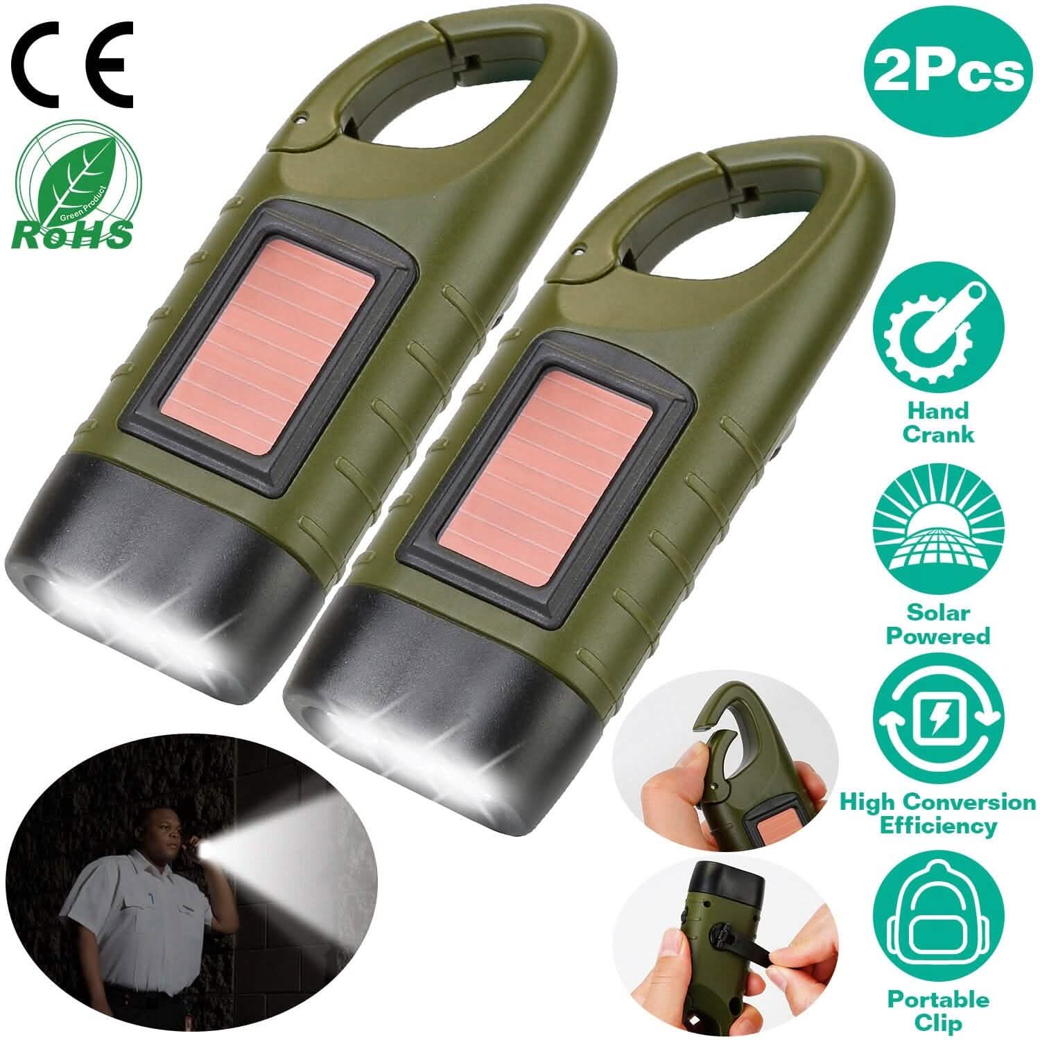 2-Pack: Hand Crank Solar Powered Flashlight Sports & Outdoors - DailySale