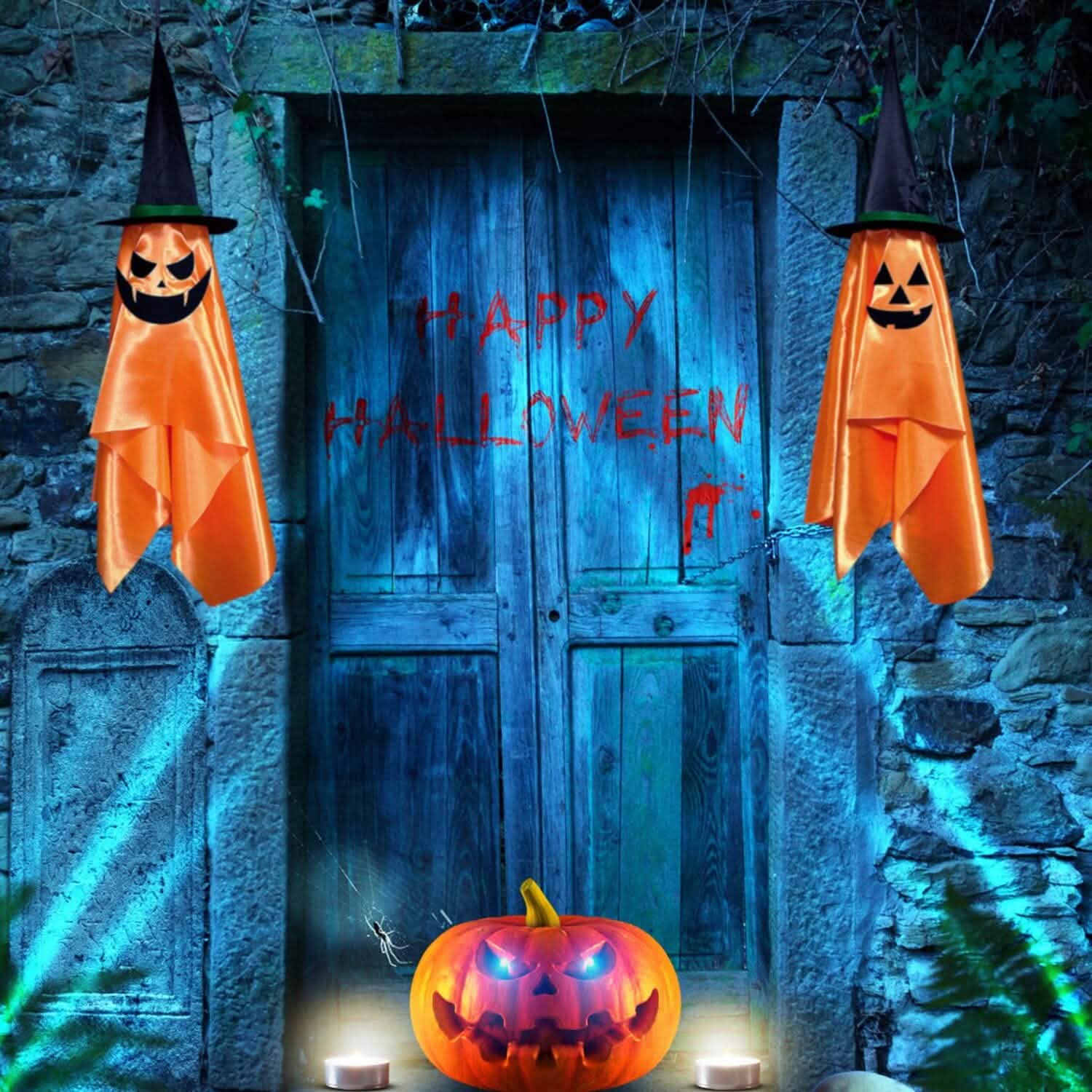 2-Pack: Hanging Ghosts with Wizard Hat Snicker Scary Face Holiday Decor & Apparel - DailySale