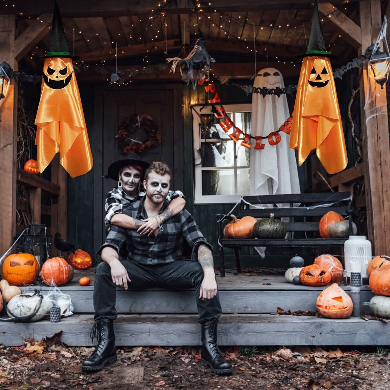 2-Pack: Hanging Ghosts with Wizard Hat Snicker Scary Face Holiday Decor & Apparel - DailySale