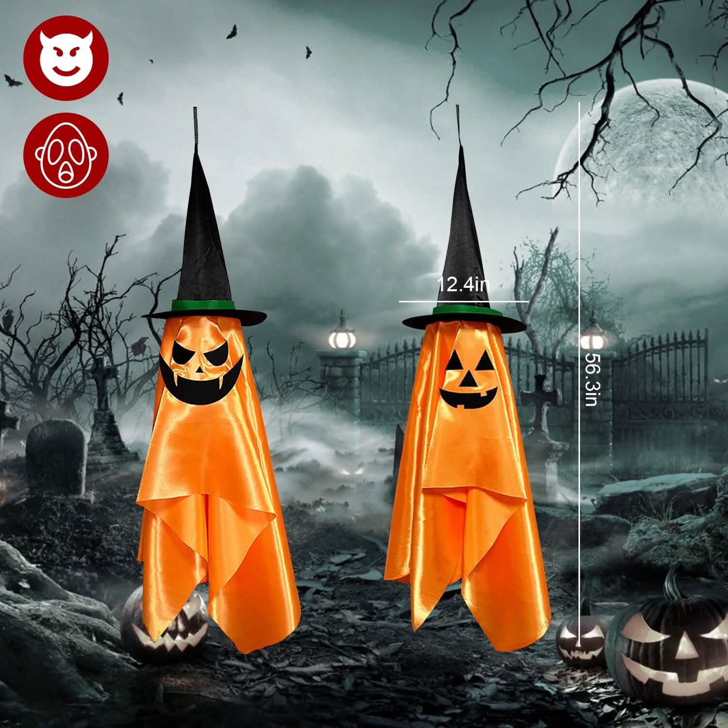 2-Pack: Hanging Ghosts with Wizard Hat Snicker Scary Face Holiday Decor & Apparel - DailySale