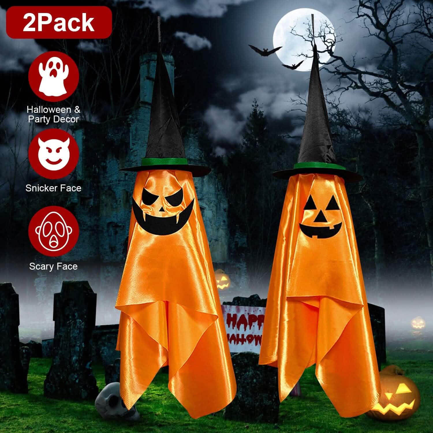 2-Pack: Hanging Ghosts with Wizard Hat Snicker Scary Face Holiday Decor & Apparel - DailySale