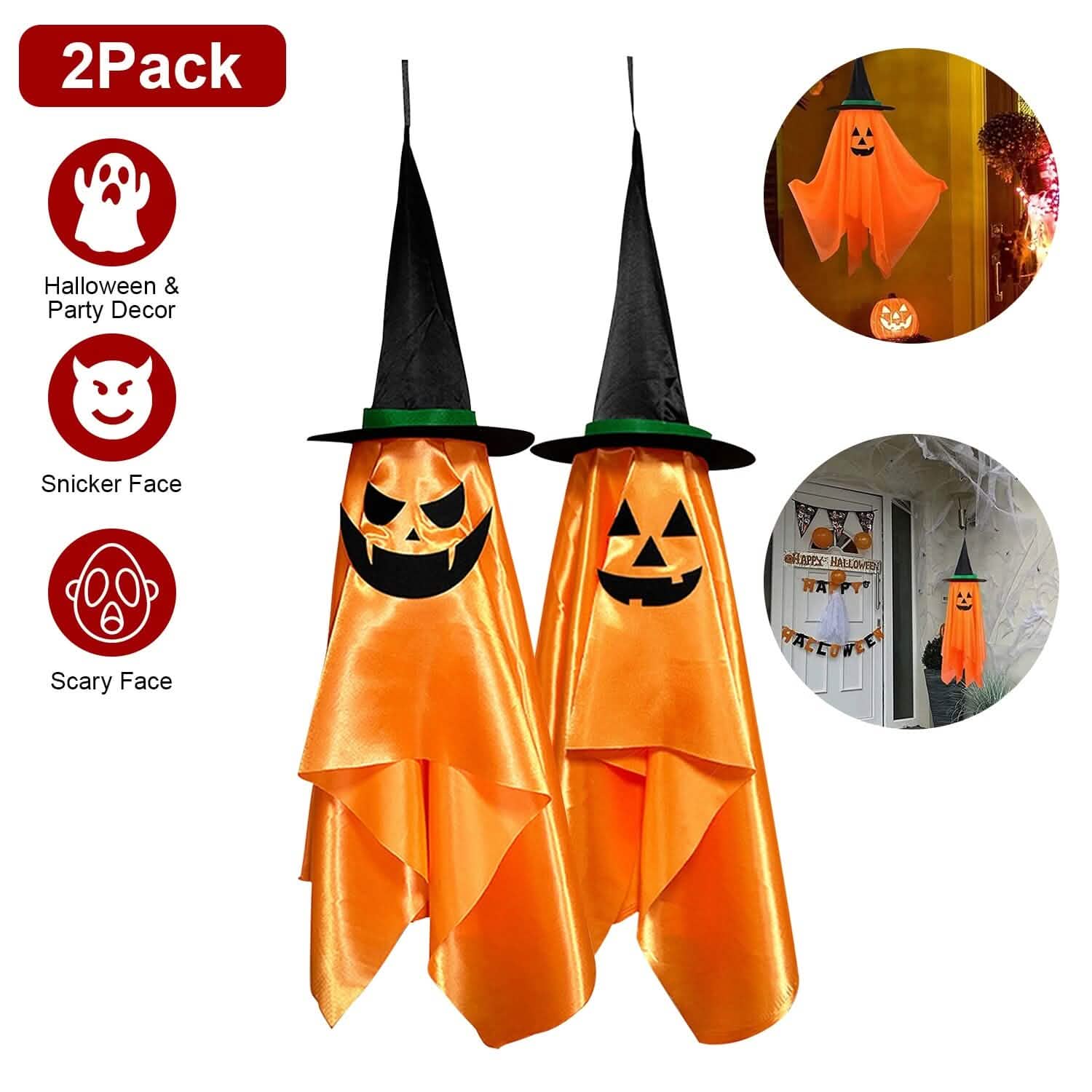 2-Pack: Hanging Ghosts with Wizard Hat Snicker Scary Face Holiday Decor & Apparel - DailySale