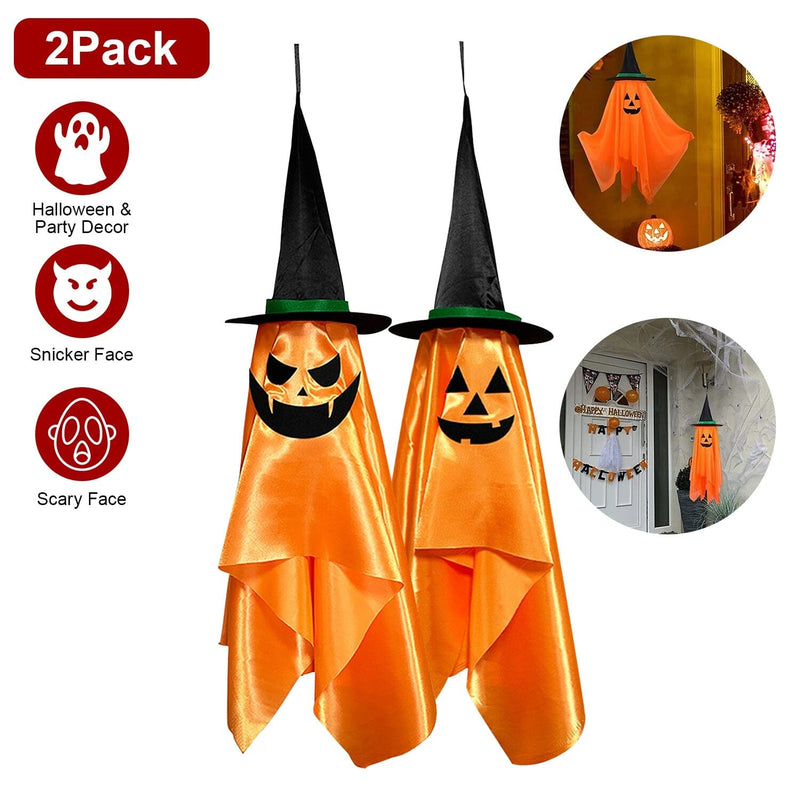 2-Pack: Hanging Ghosts with Wizard Hat Snicker Scary Face Holiday Decor & Apparel - DailySale