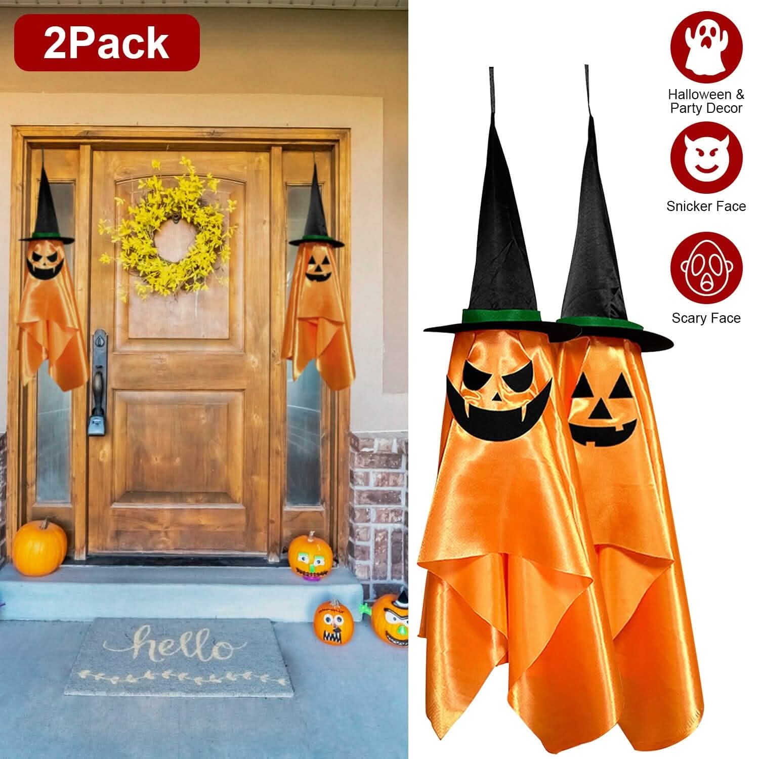2-Pack: Hanging Ghosts with Wizard Hat Snicker Scary Face Holiday Decor & Apparel - DailySale