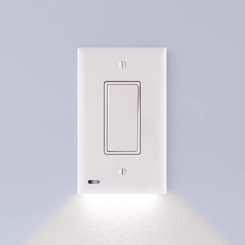 Narrow switch LED Motion Light Switch Plate placed on a wall with LED light on