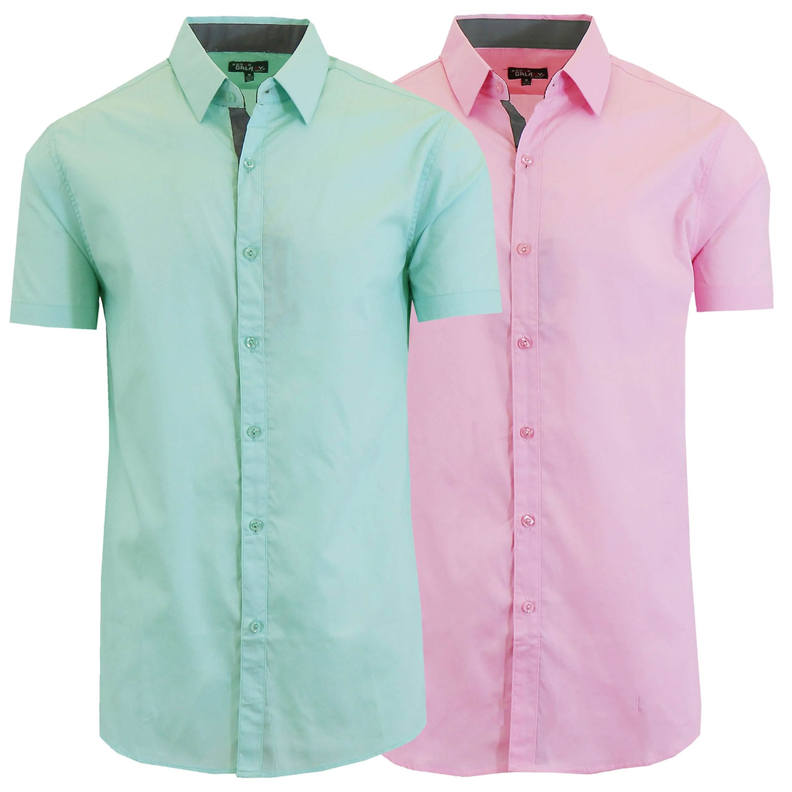 2-Pack: Men's Slim Fit Short Sleeve Dress Shirts Men's Clothing Mint/Pink S - DailySale