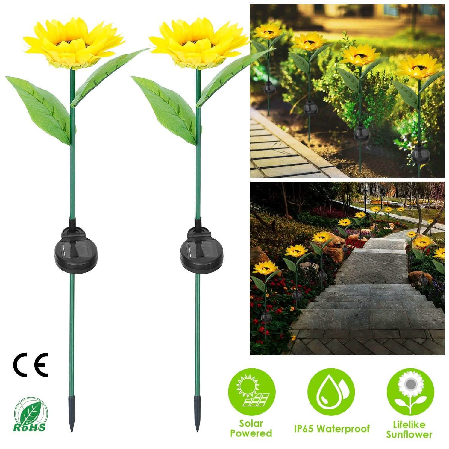 2-Pack: Solar Powered Sunflower Lights LED Decorative Stake Lamp Garden & Patio - DailySale